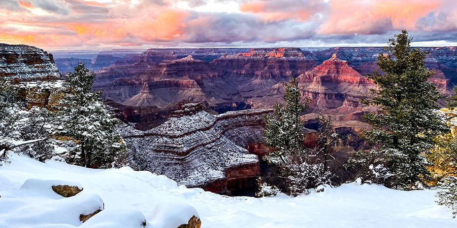 Grand Canyon in winter with snow along the rim and layered canyon views